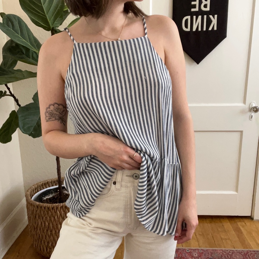 Blue & White Striped Peplum Cami Top